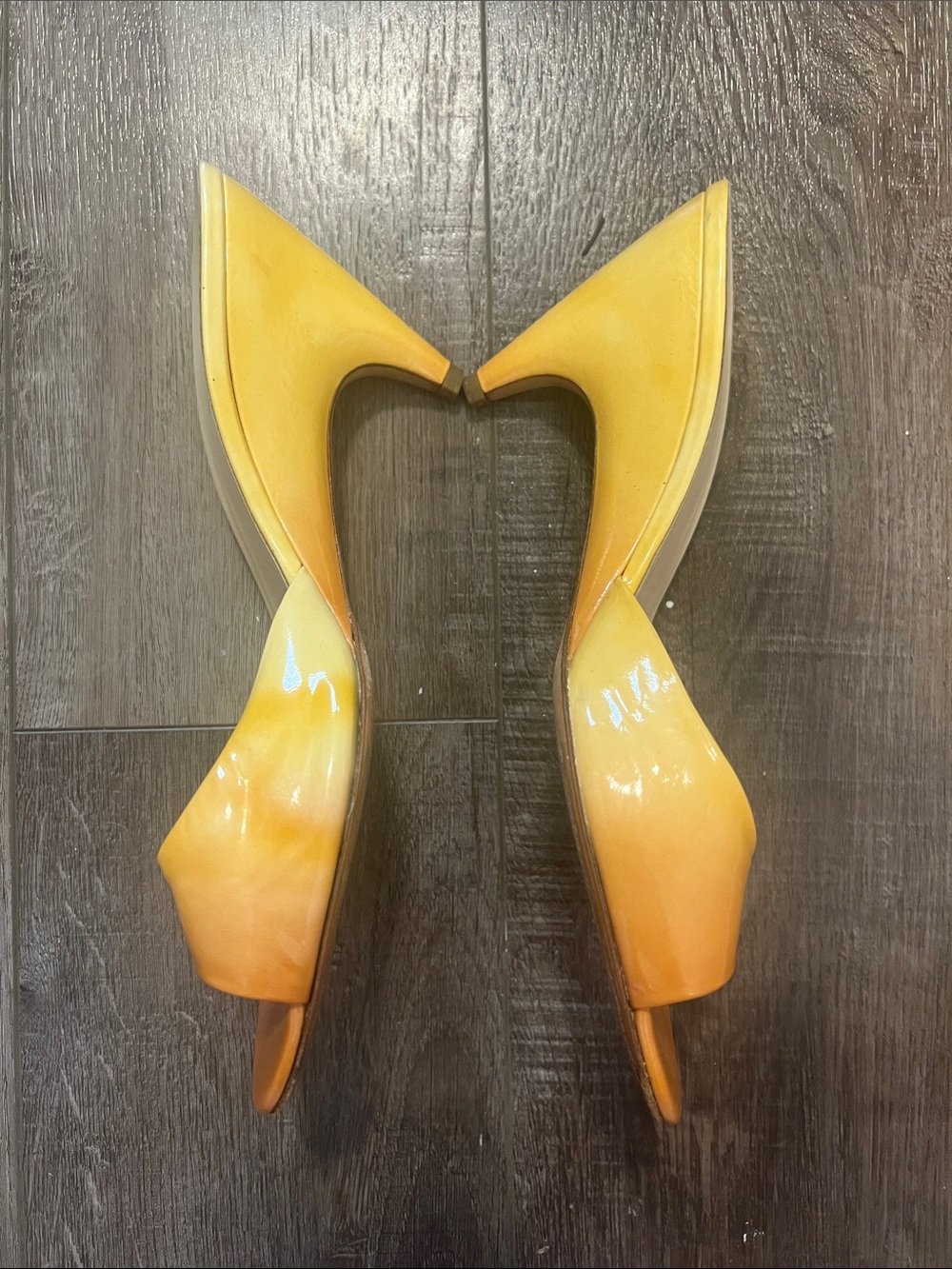 Prada Yellow Orange Ombré Patent Leather Mules Sz 38.5